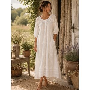Graumann Maxi Dress Womens L White Embroidered Puff Sleeve Cottagecore Prairie